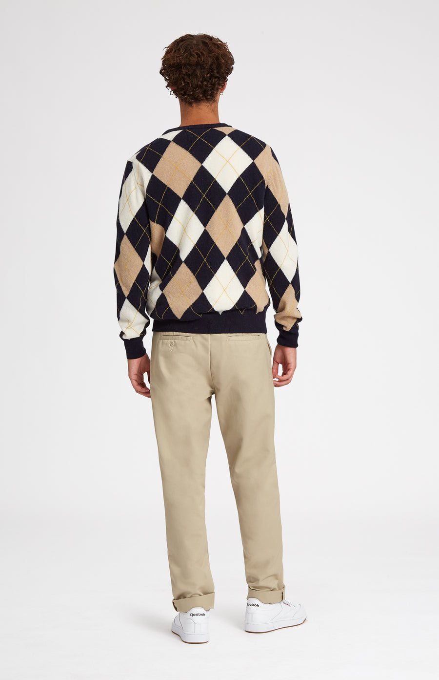 Heritage argyle golf jumper in Navy and Camel rear view - Pringle of Scotland 