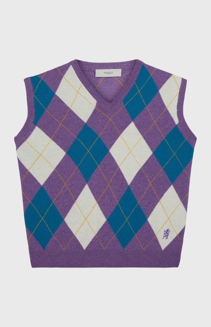 Unisex heritage argyle golf sleeveless jumper in Purple & Ivory flat shot - Pringle of Scotland 