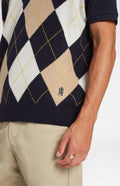 Heritage argyle golf sleeveless jumper in Navy & Camel showing embroidery - Pringle of Scotland