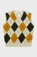 Unisex heritage argyle golf sleeveless jumper in Ivory & Mustard flat shot - Pringle of Scotland