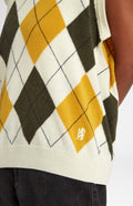 Heritage argyle golf sleeveless jumper in Ivory & Mustard on model embroidery - Pringle of Scotland