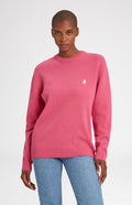 Round Neck Lambswool Golf Jumper In Heather Pink on female model - Pringle of Scotland