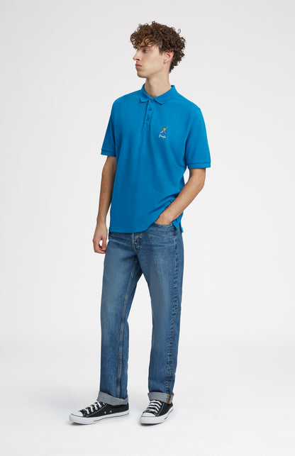 Geometric George Golf Cotton Polo Shirt In Lagoon on model full length - Pringle of Scotland