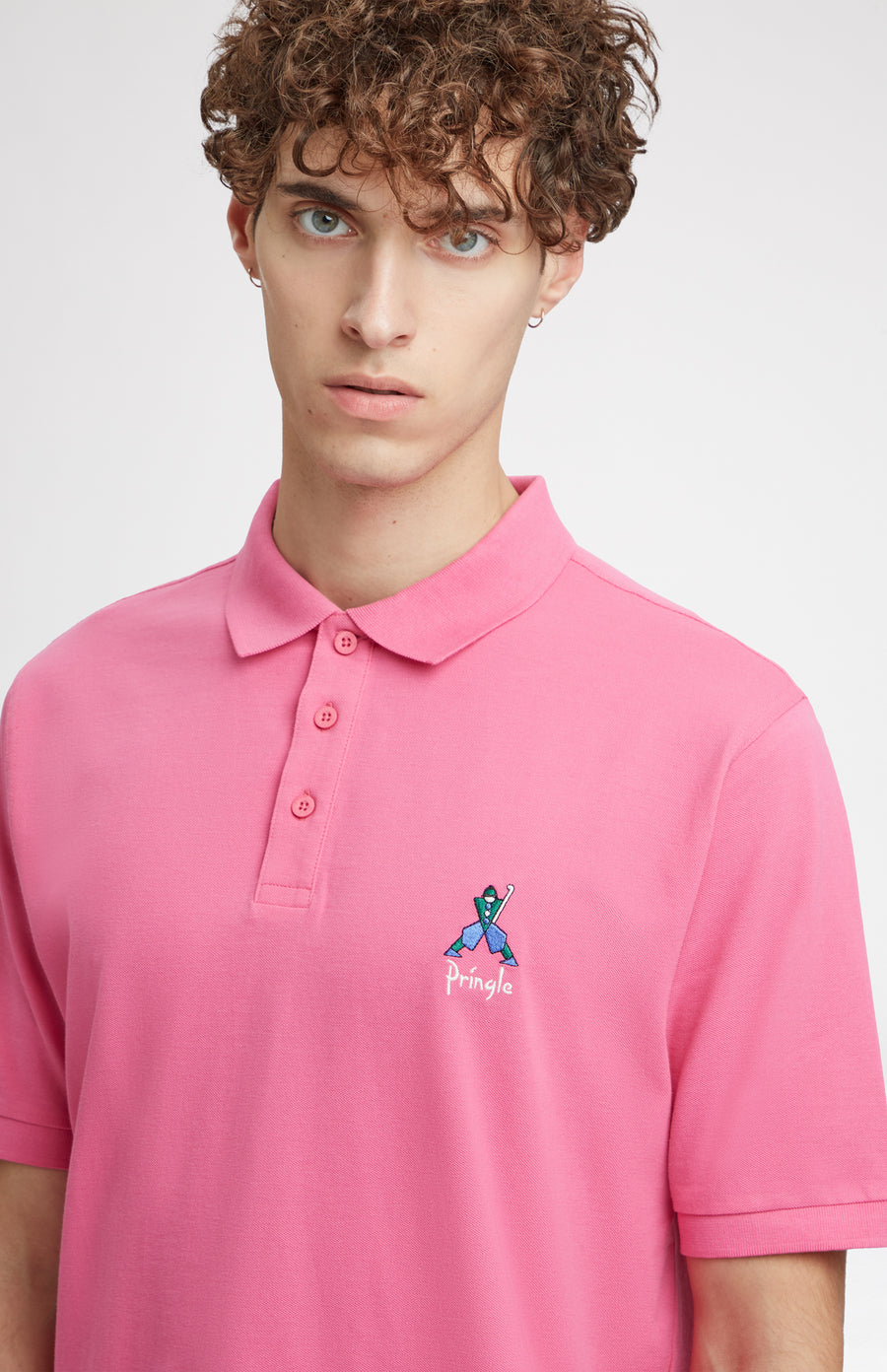 Geometric George Golf Cotton Polo Shirt In Heather Pink neck detail - Pringle of Scotland