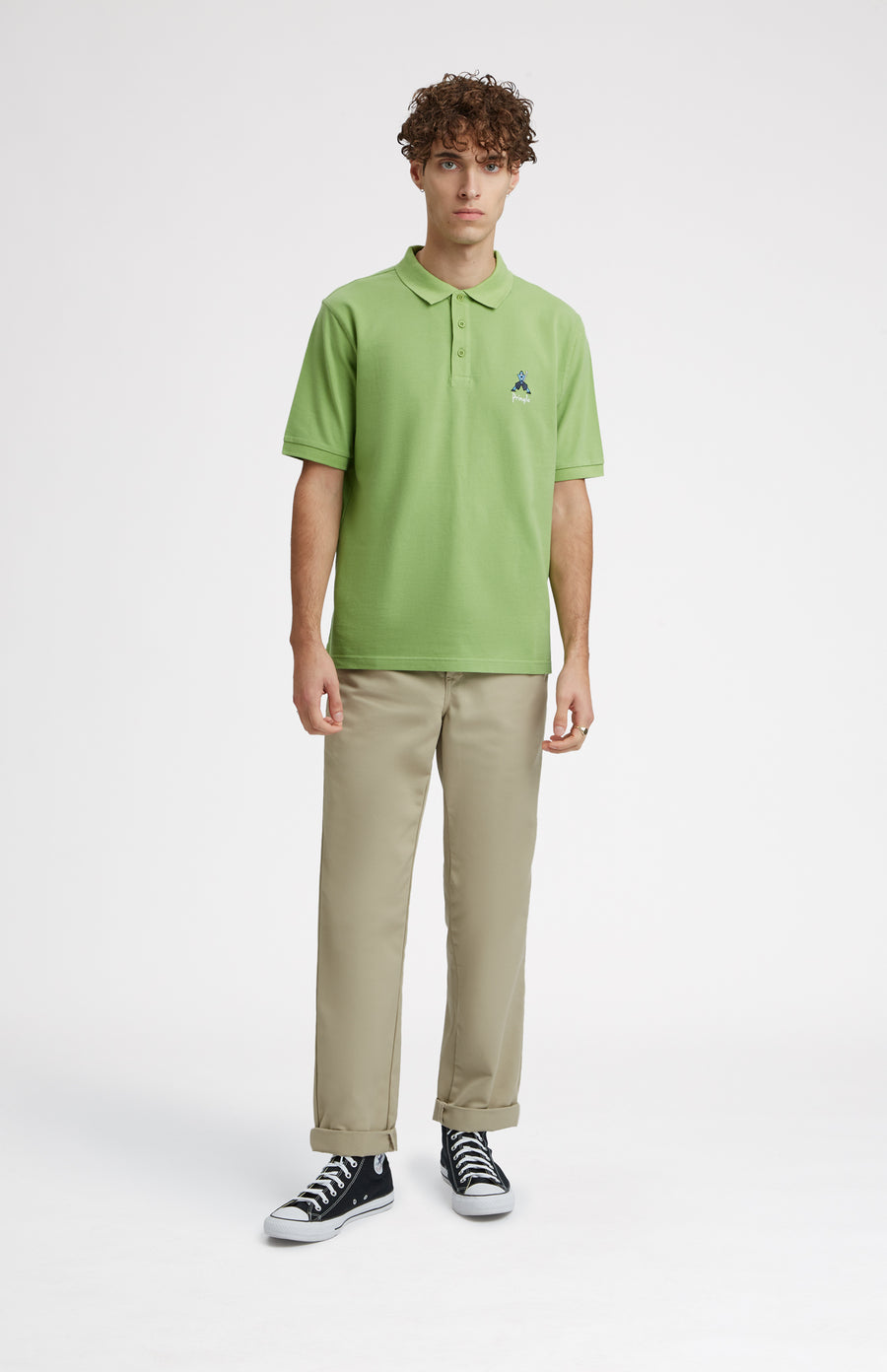 Geometric George Golf Cotton Polo Shirt In Field Green on model full length - Pringle of Scotland
