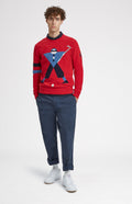 Round Neck Geometric George Golf Jumper in Red on model - Pringle of Scotland