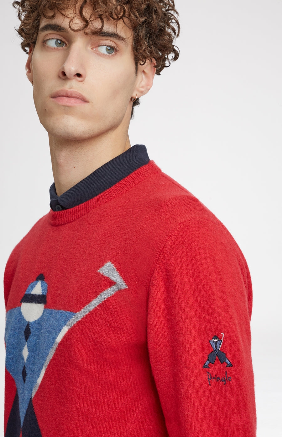 Round Neck Geometric George Golf Jumper in Red embroidery detail - Pringle of Scotland