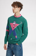 Round Neck Geometric George Golf Jumper in Teal on model - Pringle of Scotland