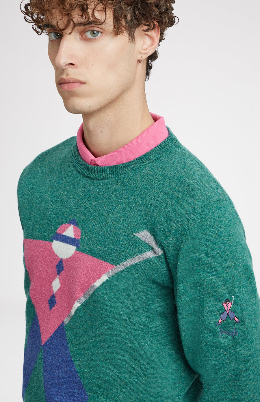 Round Neck Geometric George Golf Jumper in Teal embroidery detail - Pringle of Scotland