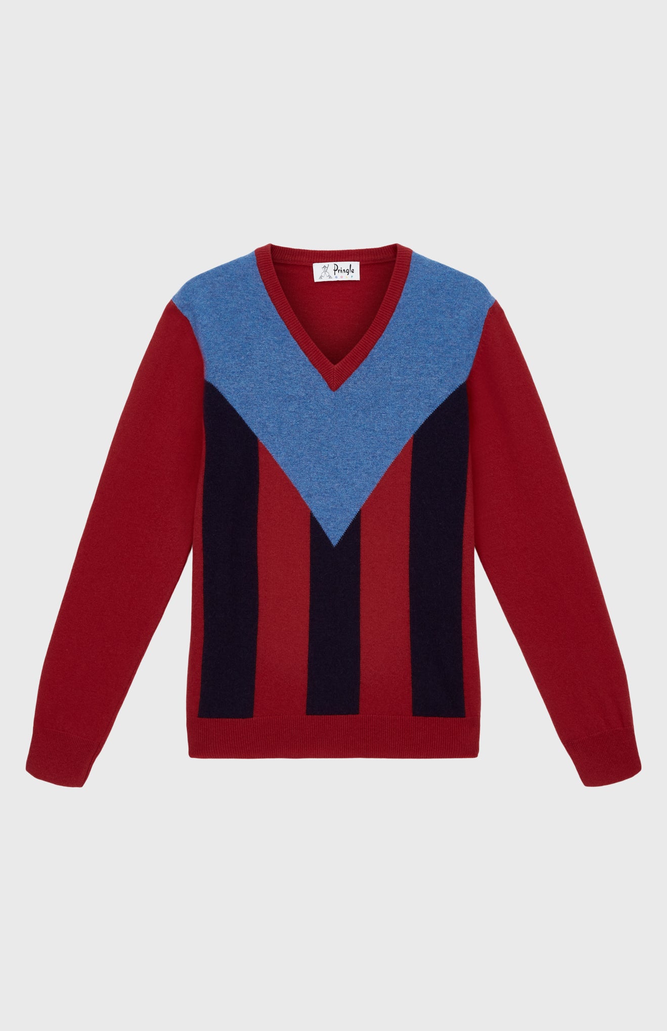 Unisex V Neck Stripe Golf Jumper in Red flat shot - Pringle of Scotland