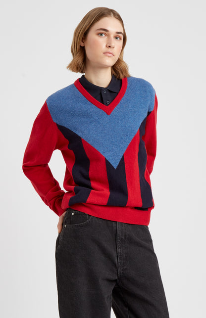 Unisex V Neck Stripe Jumper In Red