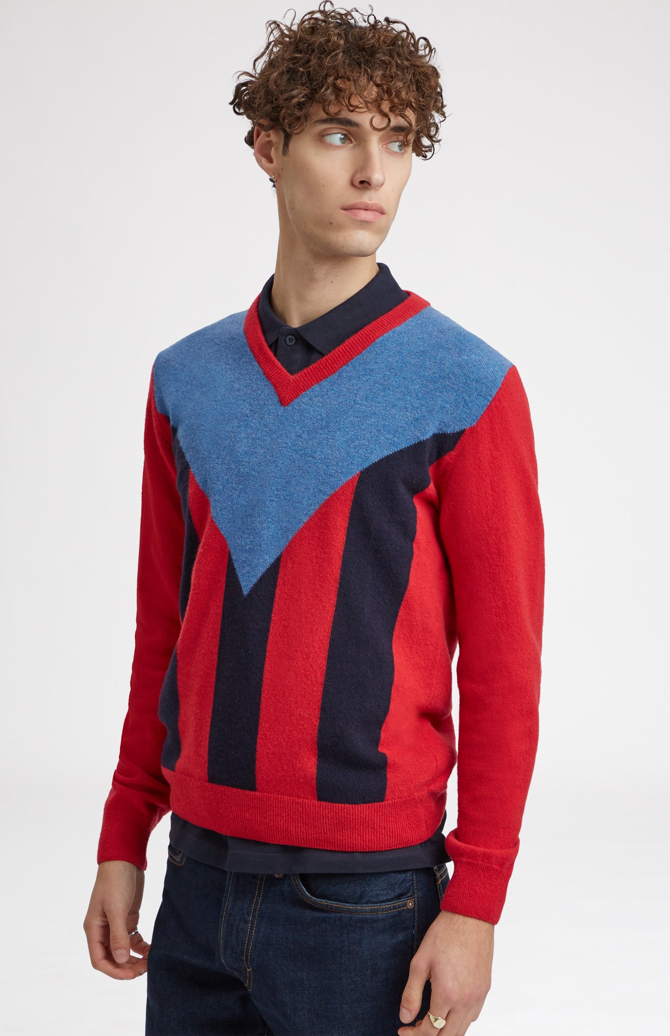 Unisex V Neck Stripe Golf Jumper in Red on model - Pringle of Scotland