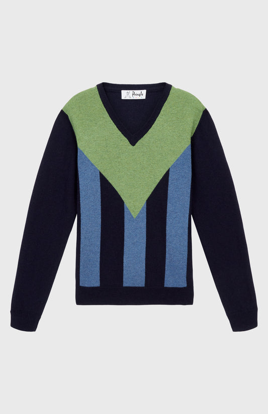 Unisex V Neck Stripe Jumper in Navy - Pringle of Scotland