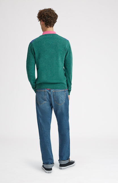 Unisex V Neck Stripe Jumper in Teal rear view - Pringle of Scotland