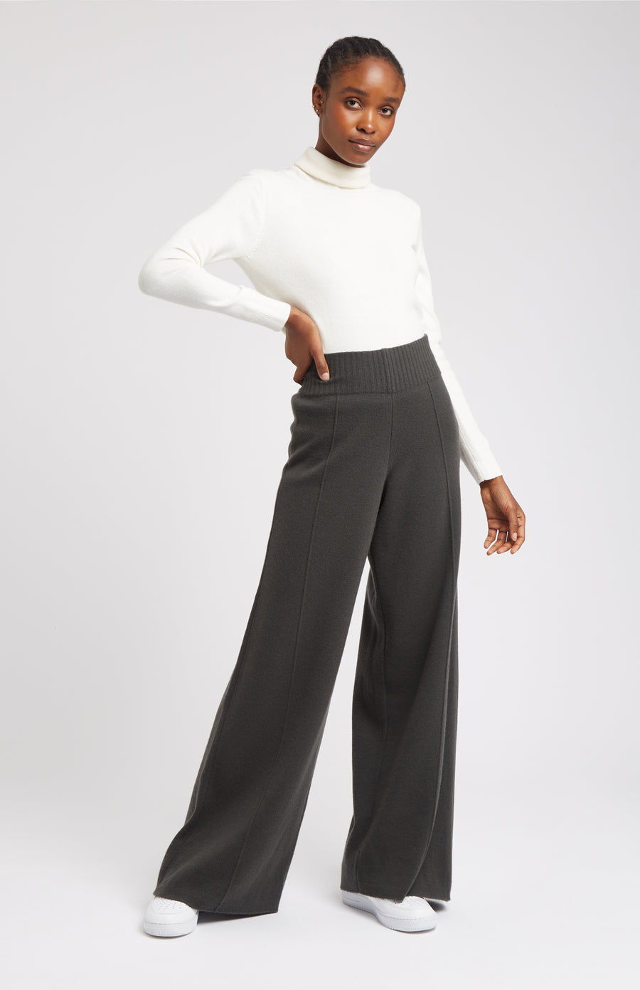 Women's Dark Khaki Cashmere Blend Trousers on model full length - Pringle of Scotland