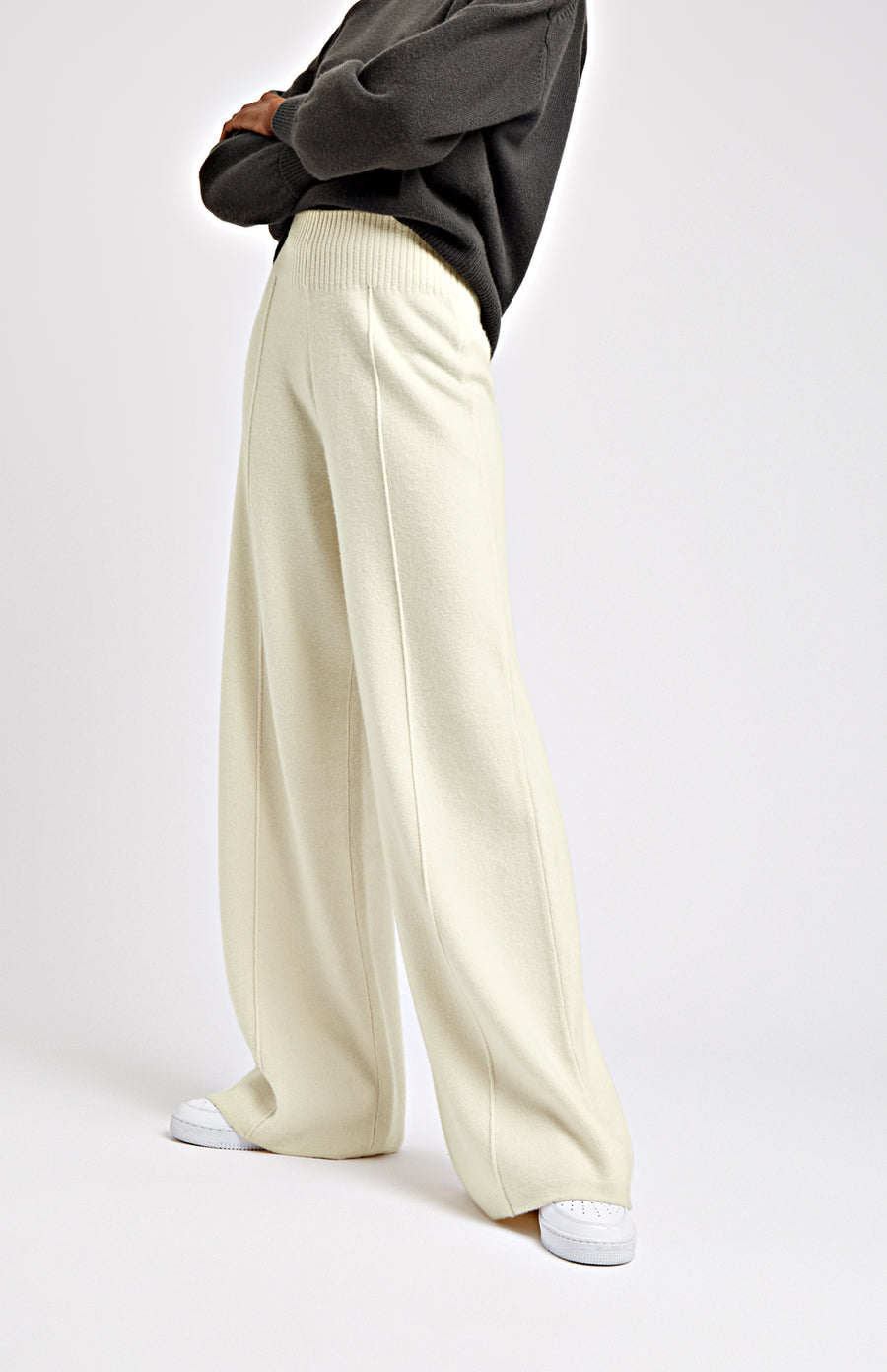 Women's Knitted Wide Leg Trousers In Cream close up - Pringle of Scotland