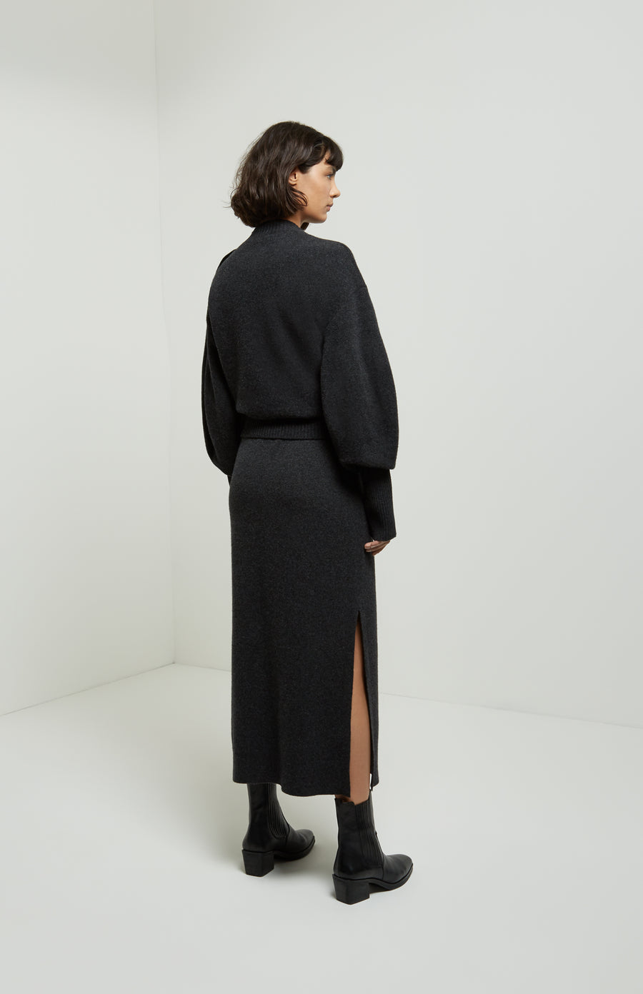 Long Relaxed Fit Wool Cashmere Skirt In Charcoal on model rear shot - Pringle of Scotland