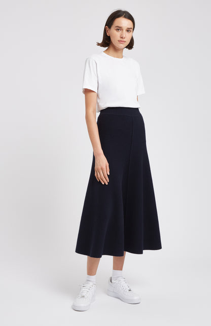 Women's Navy Cashmere Blend Midi Skirt Model View - Pringle of Scotland