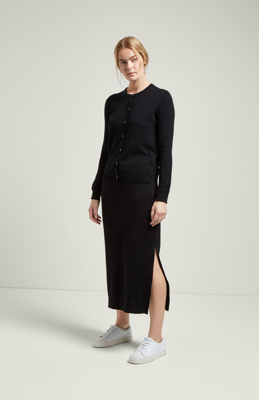 Long Merino Skirt in Black on model - Pringle of Scotland
