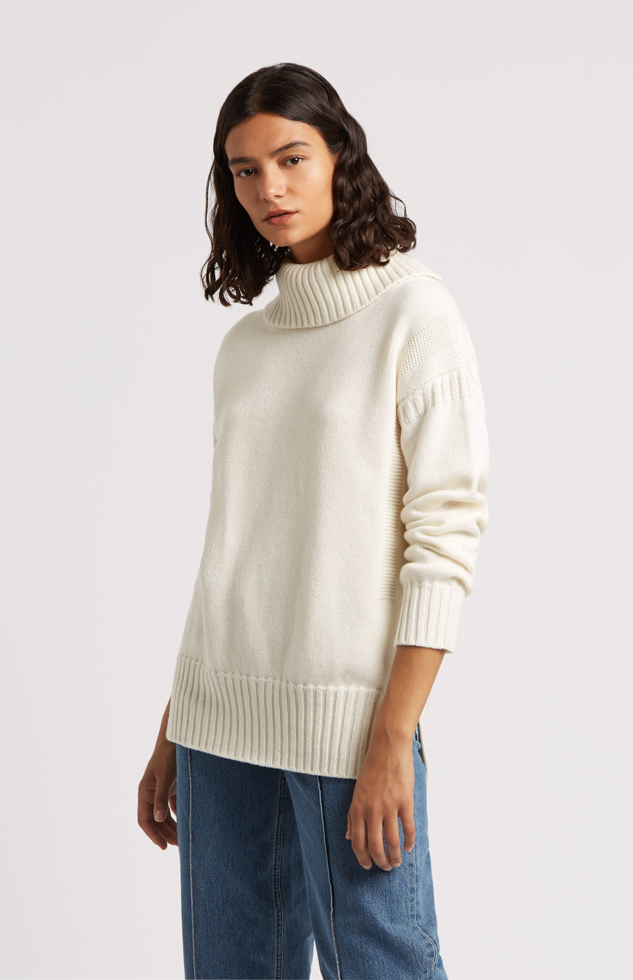 Women's Off White Guernsey Roll Neck Cashmere Jumper model Close Up - Pringle of Scotland