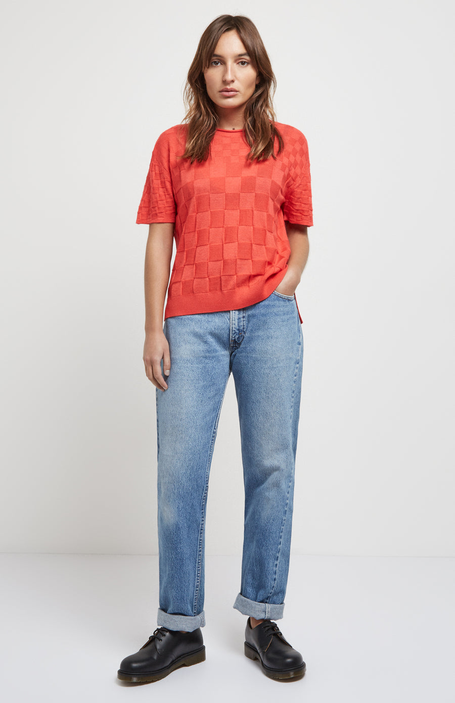 Knitted 3d Check T-shirt In Coral