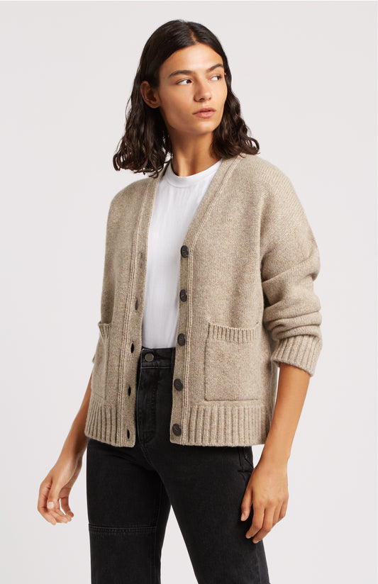 Pringle of Scotland | Cosy Cashmere Cardigan In Taupe Model Close Up