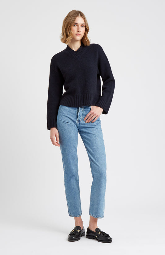 Women's V Neck Chunky Cashmere Jumper In Midnight