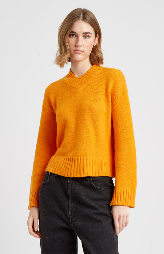 Women's V Neck Chunky Cashmere Jumper In Orange