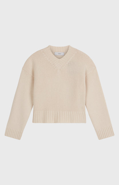 V Neck Chunky Cashmere Jumper In Light Natural