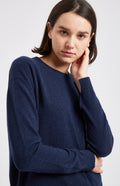 Women's Round Neck Cashmere Jumper In Inkwell Blue on model close up - Pringle of Scotland