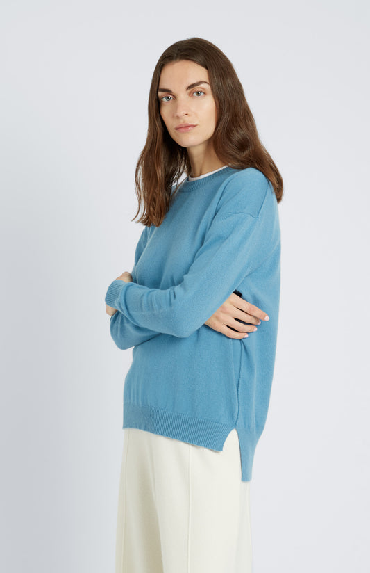 Round Neck Cashmere Jumper In Blue Smoke hem detail - Pringle of Scotland