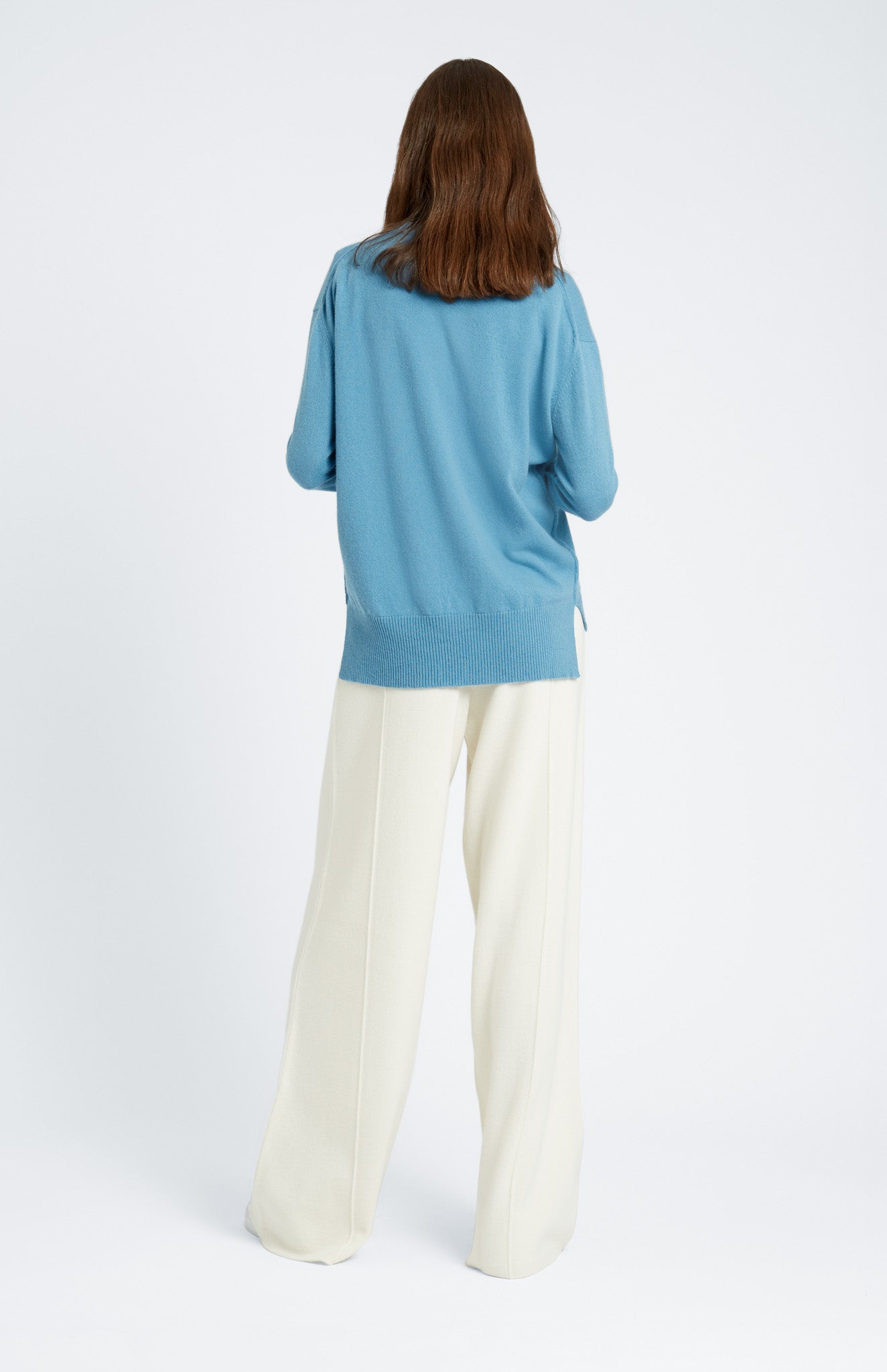 Round Neck Cashmere Jumper In Blue Smoke rear view - Pringle of Scotland