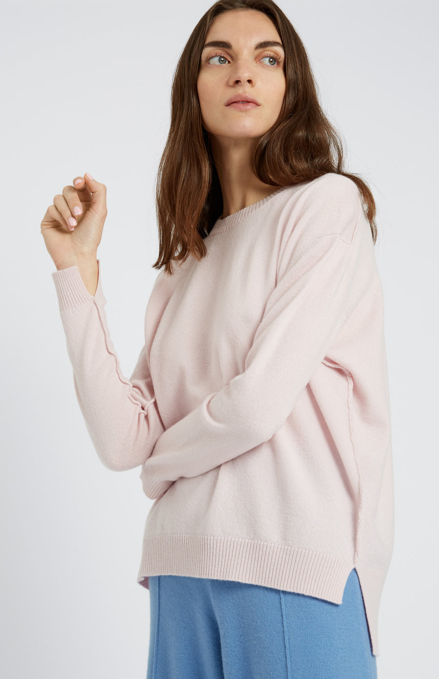 Round Neck Cashmere Jumper In Powder Pink on model close up - Pringle of Scotland