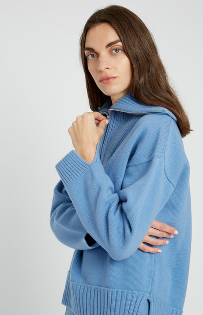 Cashmere Blend Zip Jumper In Cornflower neck detail - Pringle of Scotland