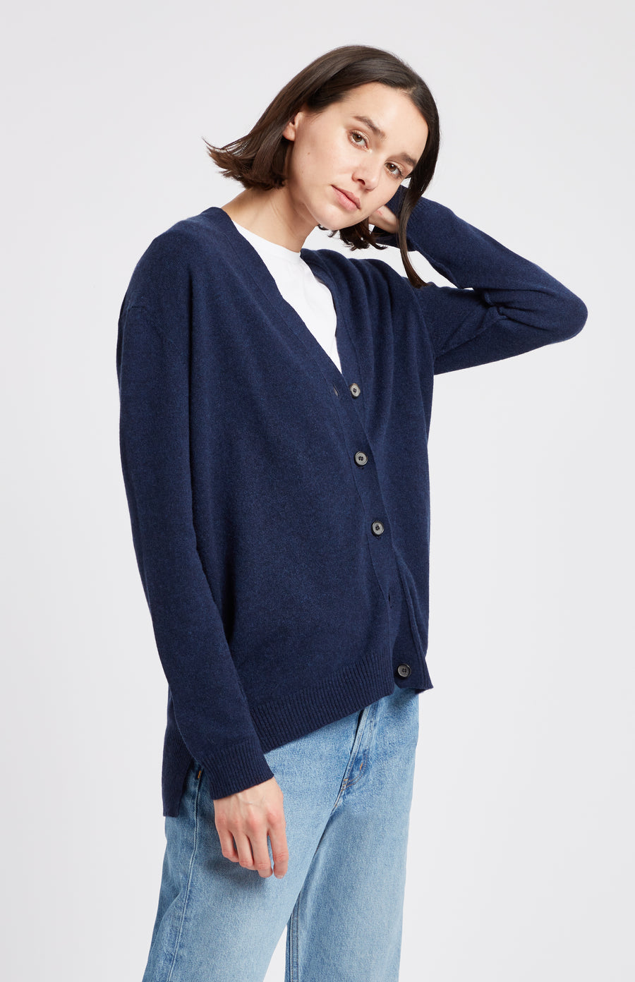 V Neck Cashmere Cardigan  In Inkwell