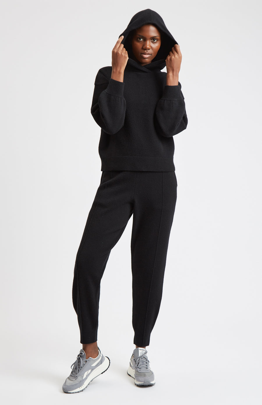Women's Black Cashmere Blend Hoodie on model full length - Pringle of Scotland
