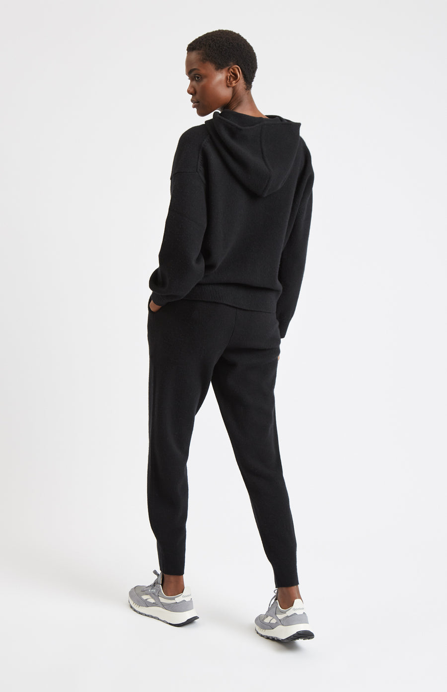 Women's Black Cashmere Blend Hoodie on model - Pringle of Scotland