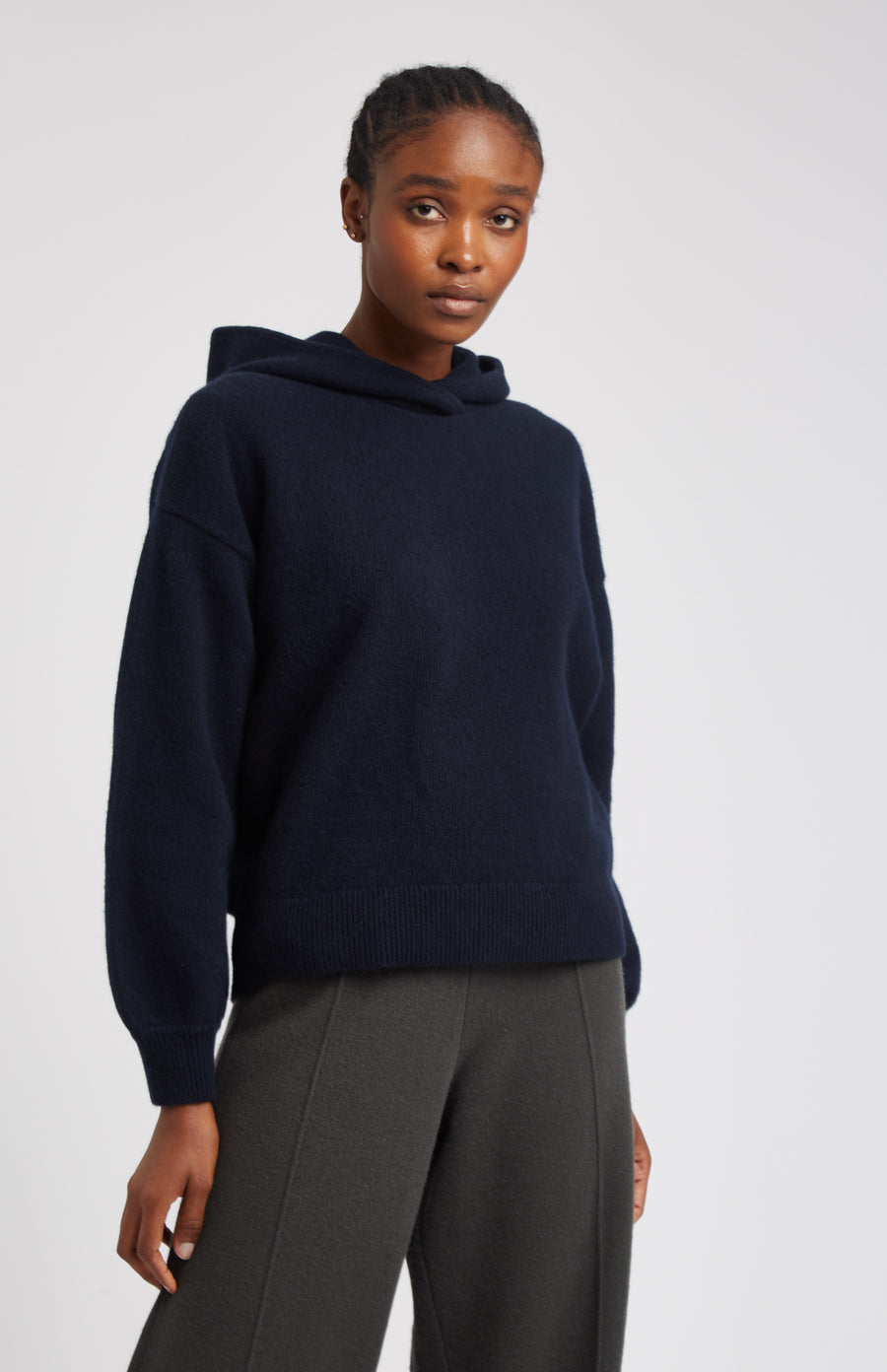 Women's Navy Cashmere Blend Hoodie Close Up View - Pringle of Scotland