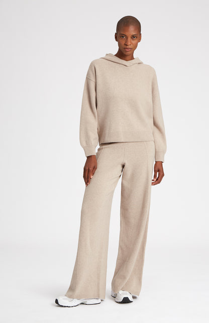 Knitted Wide Leg Cashmere Blend Trousers In Stone Melange