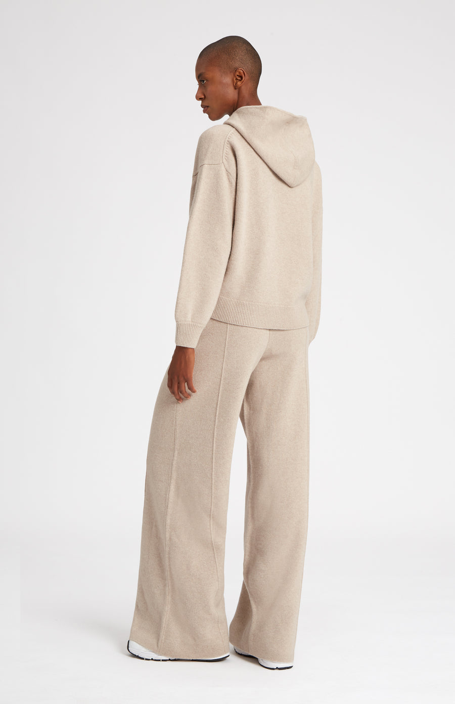 Knitted Wide Leg Cashmere Blend Trousers In Stone Melange