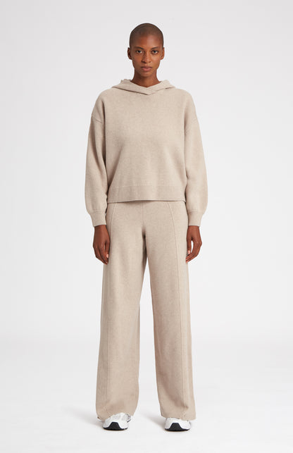 Knitted Wide Leg Cashmere Blend Trousers In Stone Melange