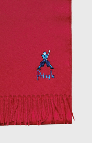 Pringle of Scotland Geometric George Lambswool Scarf in Red embroidery detail