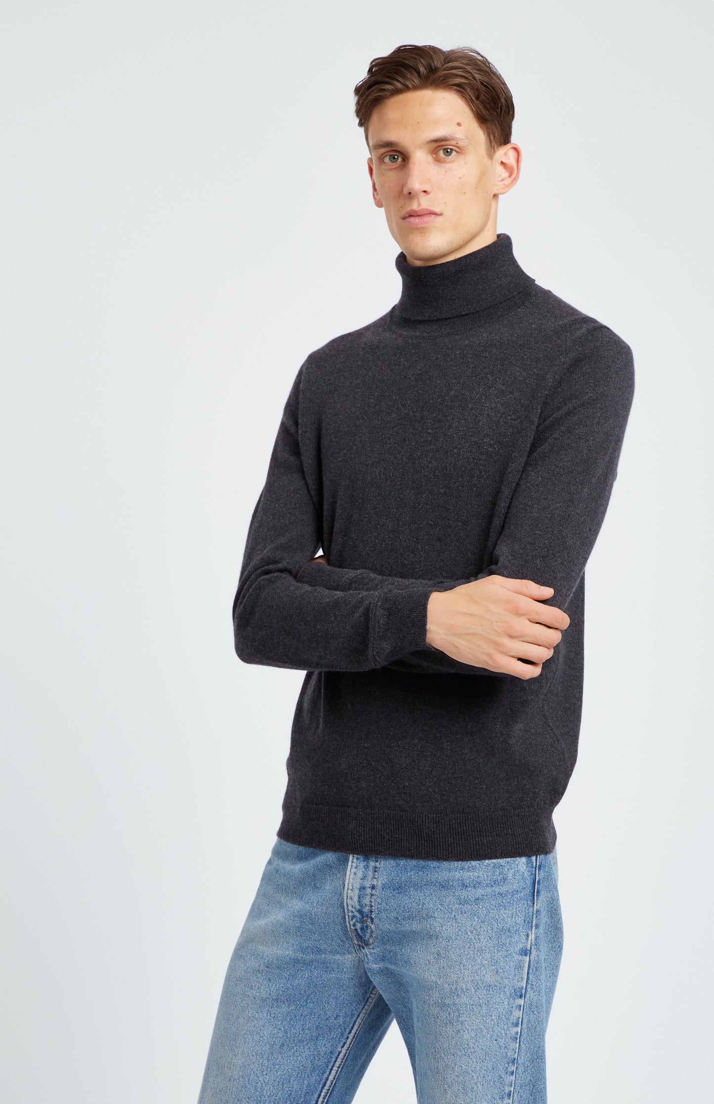 Men's Dark Grey Roll Neck Cashmere Jumper Close Up View - Pringle of Scotland