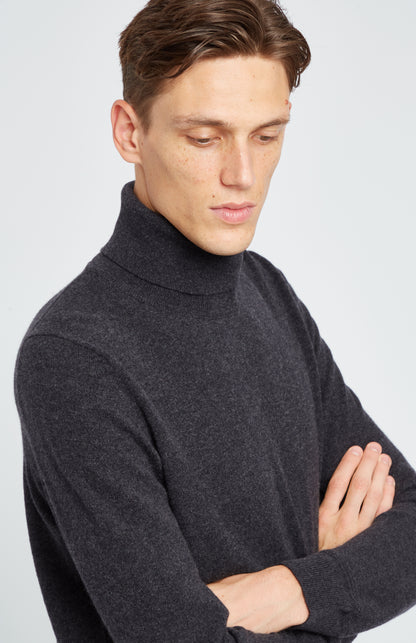 Men's Dark Grey Roll Neck Cashmere Jumper Details - Pringle of Scotland