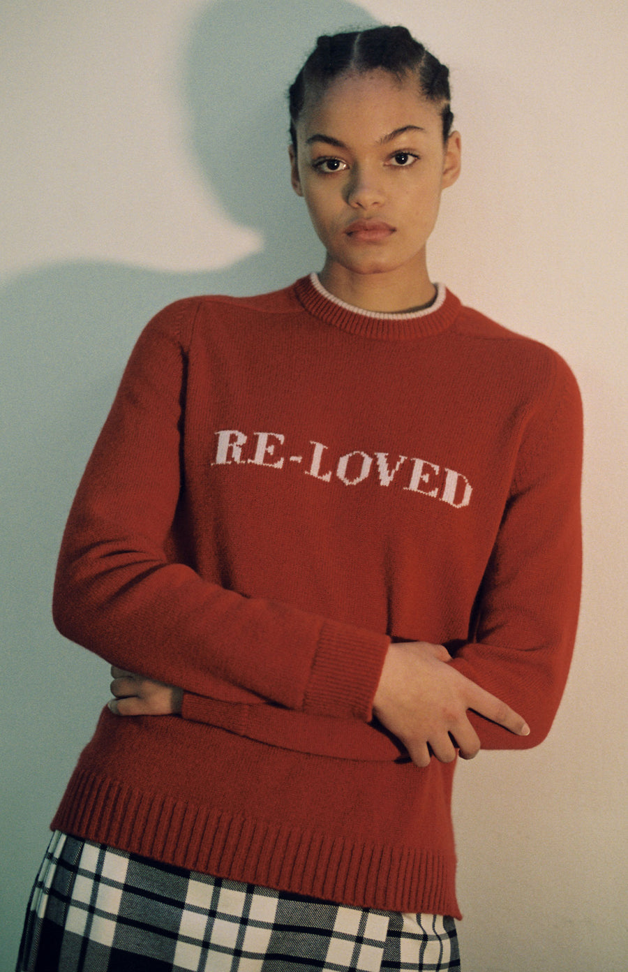 Re-loved Recycled Cashmere Jumper In Red on model - Pringle of Scotland