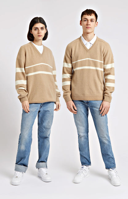 Pringle of Scotland | Archive Stripe Lambswool Blend Jumper In Camel Couple Image